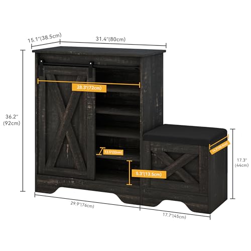 DWVO Farmhouse Shoe Cabinet with Sliding Door & Shoe Bench, 5-Tier, Dark Rustic Oak S3788