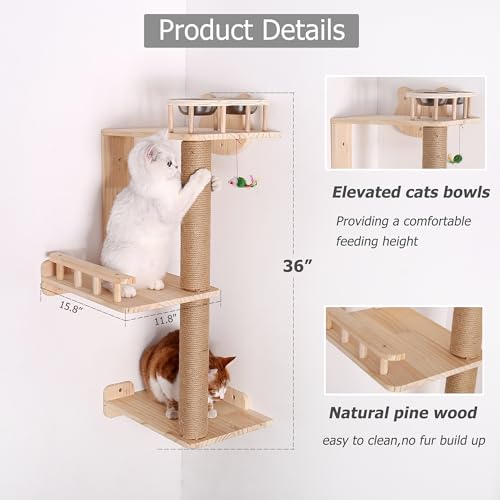 Corner Cat Shelf Wall Mounted with Feeder, 3 Levels Cat Wall Tree for Indoor Cats F39365