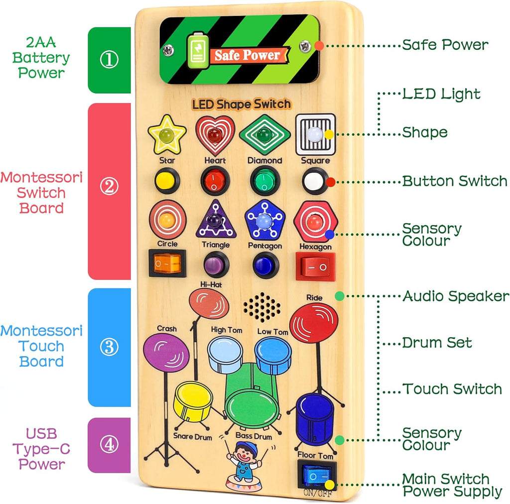 USB Busy Board Montessori Toys with LED Shape Switch and Drum Set for 1-3 Year Old Boys Girls I9070