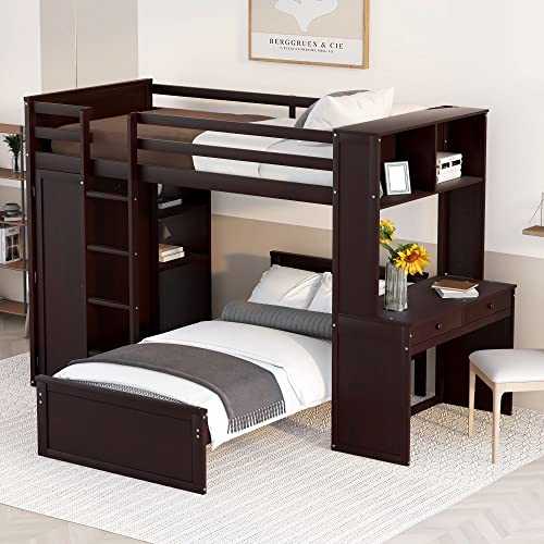 Harper & Bright Designs Full Over Twin Bunk Bed with Desk and Storage, Solid Wood, Gray L8927