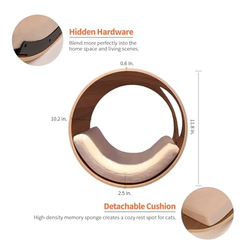 Cat Wall Shelves Round with Cushion for Large Cats, Wall Mounted Wooden Perch, Oak Y68462