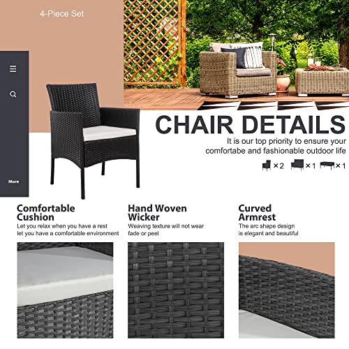 Shintenchi 4 Piece Outdoor Patio Furniture Set with Rattan Chairs and Glass Coffee Table, Black W6133