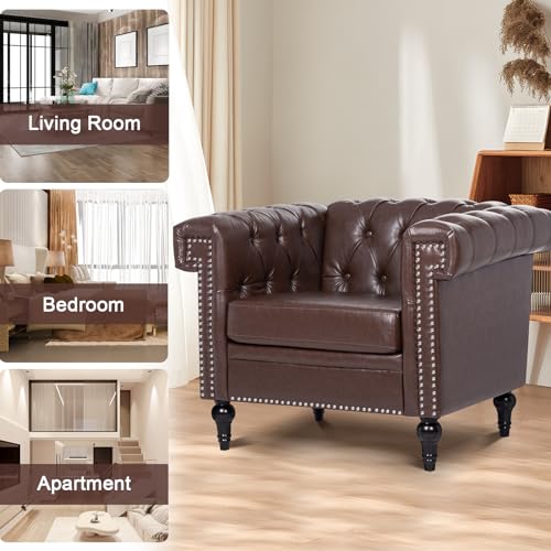 Chesterfield Leather Chair with Tufted Back and Solid Wood Legs, Brown P779