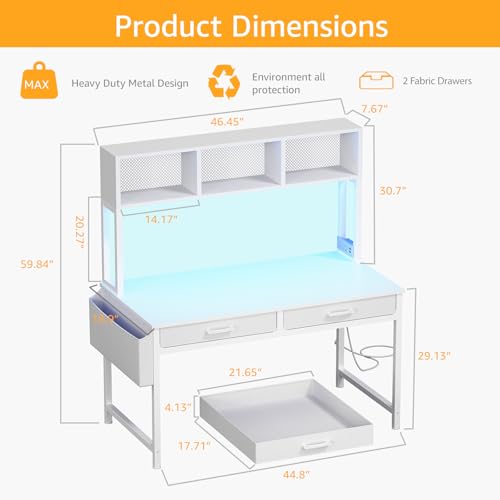 Black Gaming Desk with Hutch and Shelves, 47 Inch with LED Light and Power Outlets C685