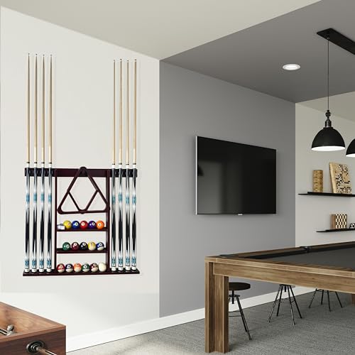 Wall Mount Pool Cue Rack for 8 Sticks, Solid Wood Mahogany S223328