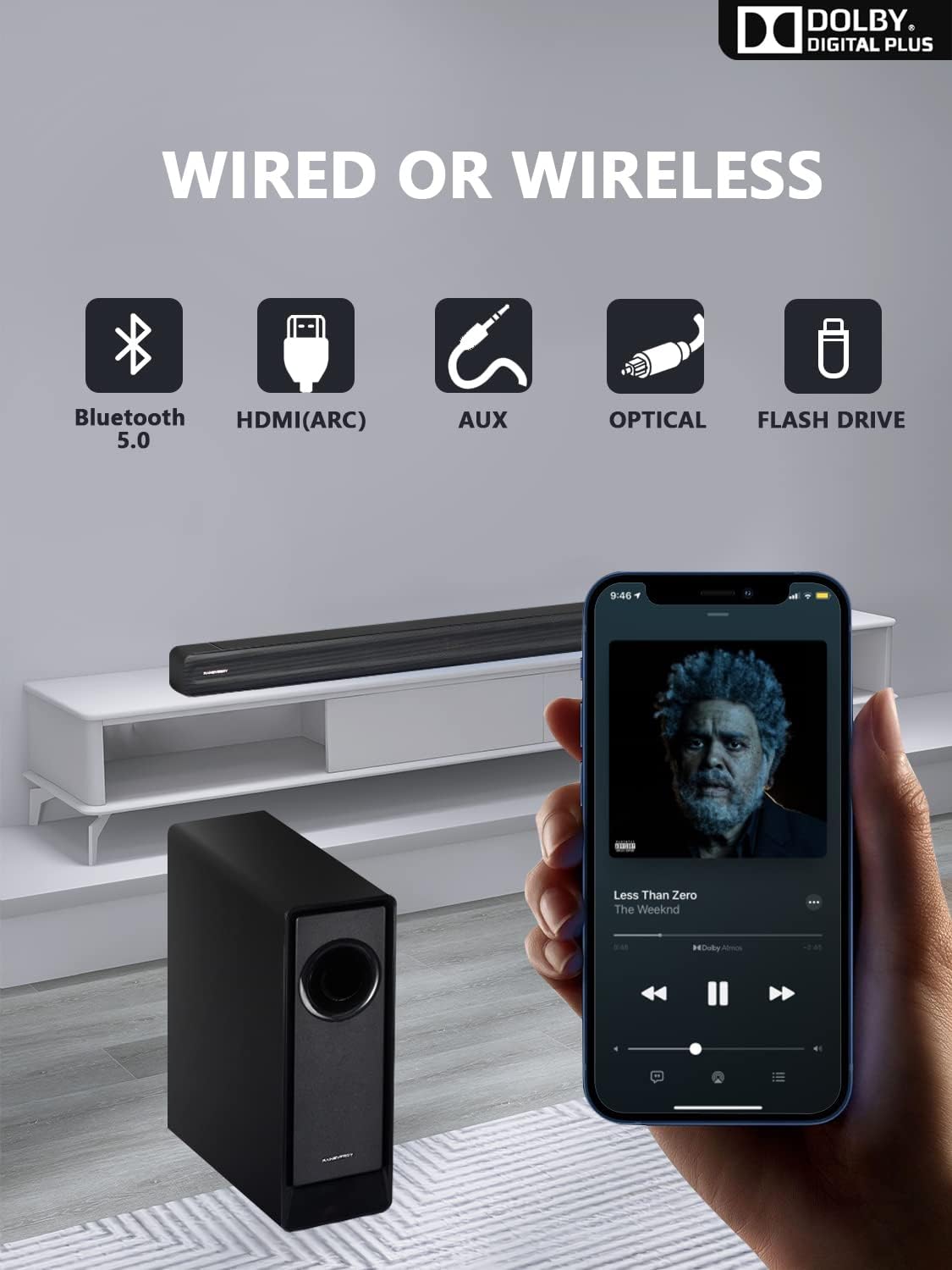 5.1 CH Surround Sound Bar with Dolby Audio, Wireless Subwoofer & Rear Speaker for TV D587