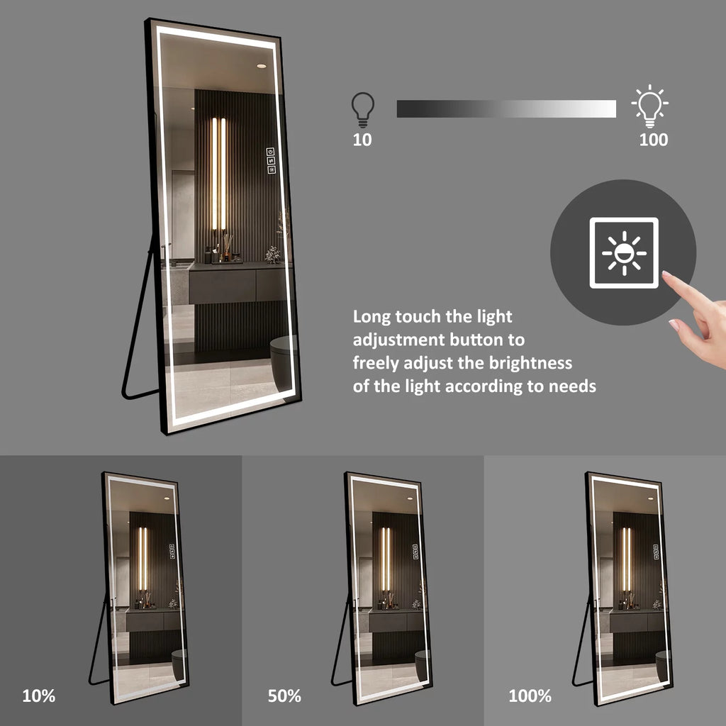 LAIYA LED Aluminum Full Body Rectangular Floor Mirror with Touch Button, 65"x22" Black I444