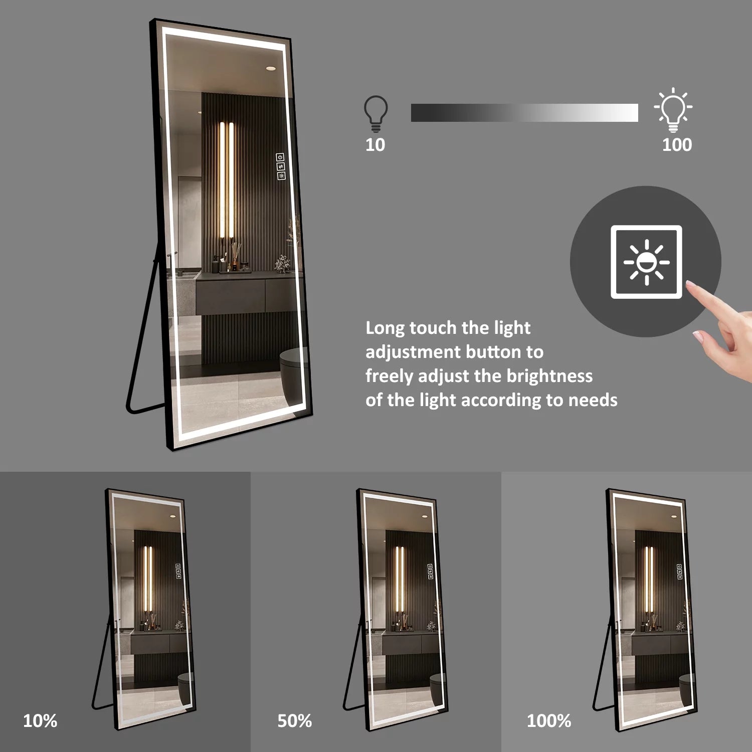 LAIYA LED Aluminum Full Body Rectangular Floor Mirror with Touch Button, 65"x22" Black I444