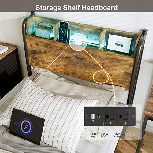 Queen Bed Frame with LED Lights and Charging Station, Black F650