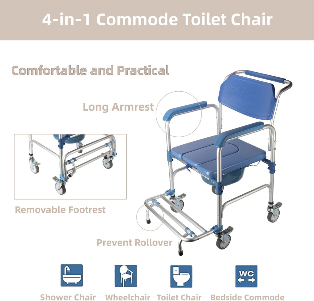 uyoyous Shower Commode Chair with Wheels, Padded Waterproof, 250 lbs Capacity W8677