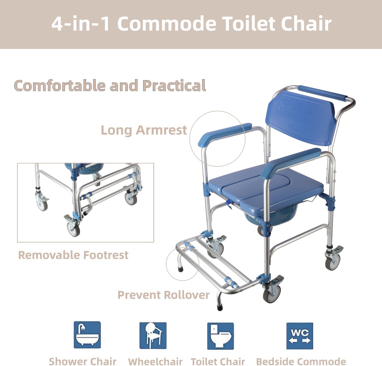 uyoyous Shower Commode Chair with Wheels, Padded Waterproof, 250 lbs Capacity W8677