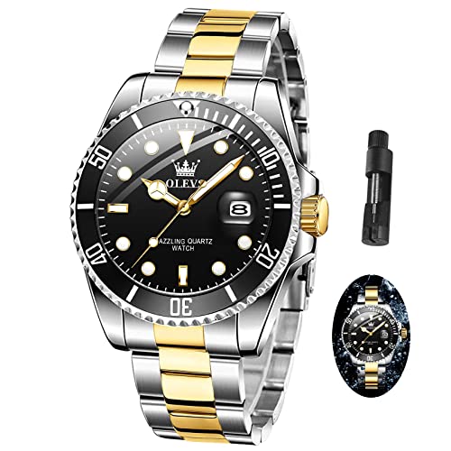 OLEVS Men Watch,Big Dial Watches for Men Stainless Steel Watch with Day Waterproof Analog Quartz Watches for Man Classic Business Wristwatch Luxury Luminous Round for Men Rotatable Bezel Watch
