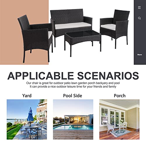 Shintenchi 4 Piece Outdoor Patio Furniture Set with Rattan Chairs and Glass Coffee Table, Black W6133