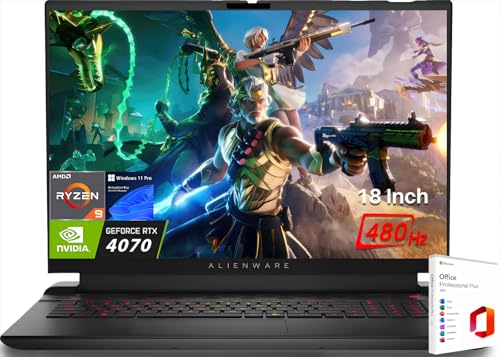 Alienware 2024 M18 Gaming Laptop, 18" FHD+ 480Hz Display, AMD Ryzen 9-7845HX(Beat i9-13900HX), GeForce RTX 4070, 16GB DDR5, 1TB SSD, WiFi 6E, Backlit KB, Microsoft Office Lifetime License & Win11 Pro
