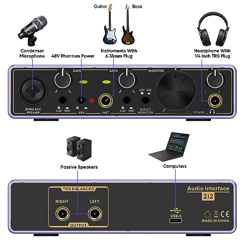 Ueteto 2i2 USB Audio Interface for PC, Mac, Recording and Podcasting with 48V Phantom Power D791