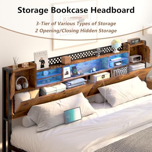 King Size Bed Frame with Storage Drawers and Bookcase Headboard, LED Lights, Vintage Brown K9476
