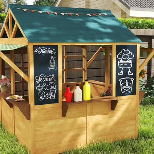 Qaba Foldable Wooden Outdoor Playhouse for Kids 3-8 Years, Brown J22431