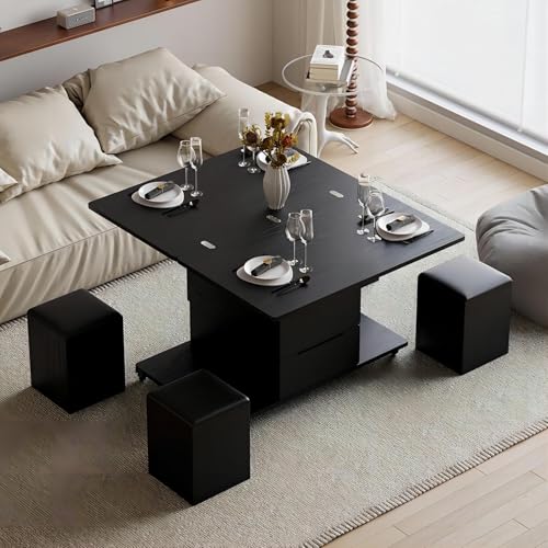 homary Black Lift-Top Coffee Table with Hidden Storage and 4 Stools O1455