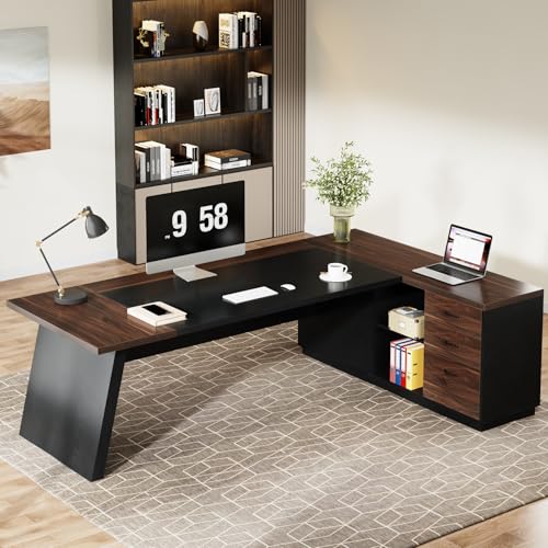 Tribesigns 78" L-Shaped Executive Desk with Drawers and File Cabinet, Walnut & Black V6249