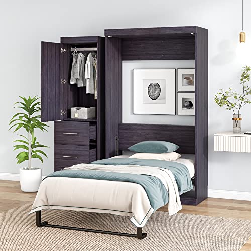 DEINPPA Full Size Murphy Bed with Convertible Wardrobe Farmhouse Style Murphy Cube Cabinet Bed, Wall Bed with Drawers and Shelf for Guest Room Home Office-Antique Wood