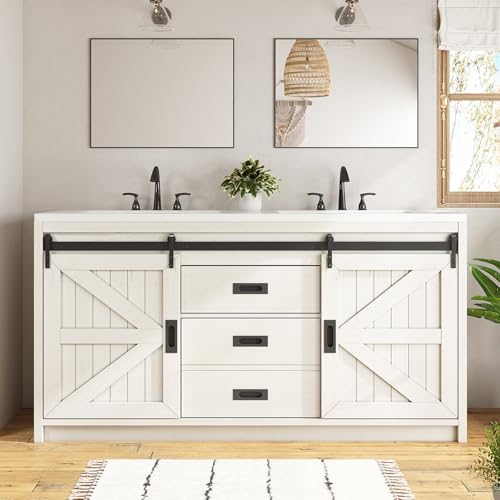 60" Farmhouse Sliding Barn Door Bathroom Double Vanity with Sink Combo, Bathroom Vanity Cabinet with Drawers & Metal Handles, Freestanding, Gray