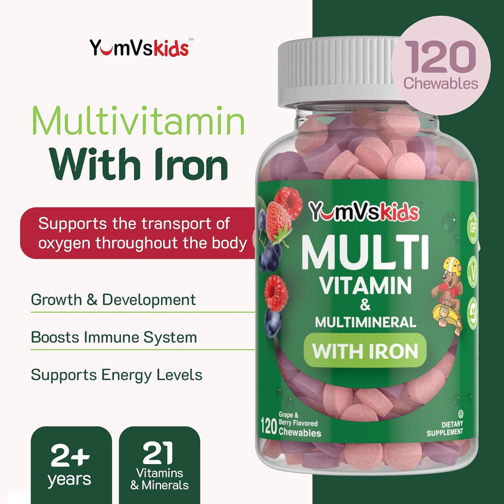 YumVs Complete Kids Multivitamin with Iron, Chewable, Kosher, Gluten Free, 120 Tablets O148