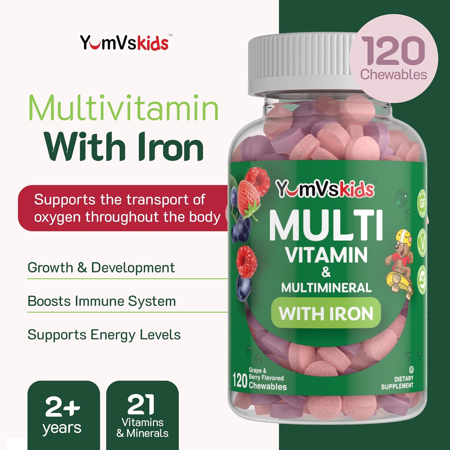 YumVs Complete Kids Multivitamin with Iron, Chewable, Kosher, Gluten Free, 120 Tablets O148