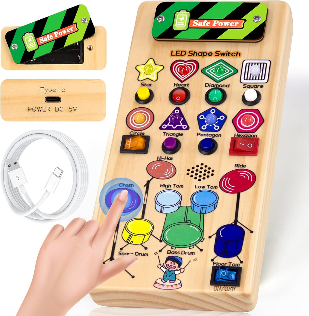 USB Busy Board Montessori Toys with LED Shape Switch and Drum Set for 1-3 Year Old Boys Girls I9070