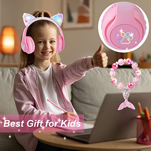 Cat Ear Kids Headphones Bluetooth LED Wireless Over Ear with Microphone Pink D91528
