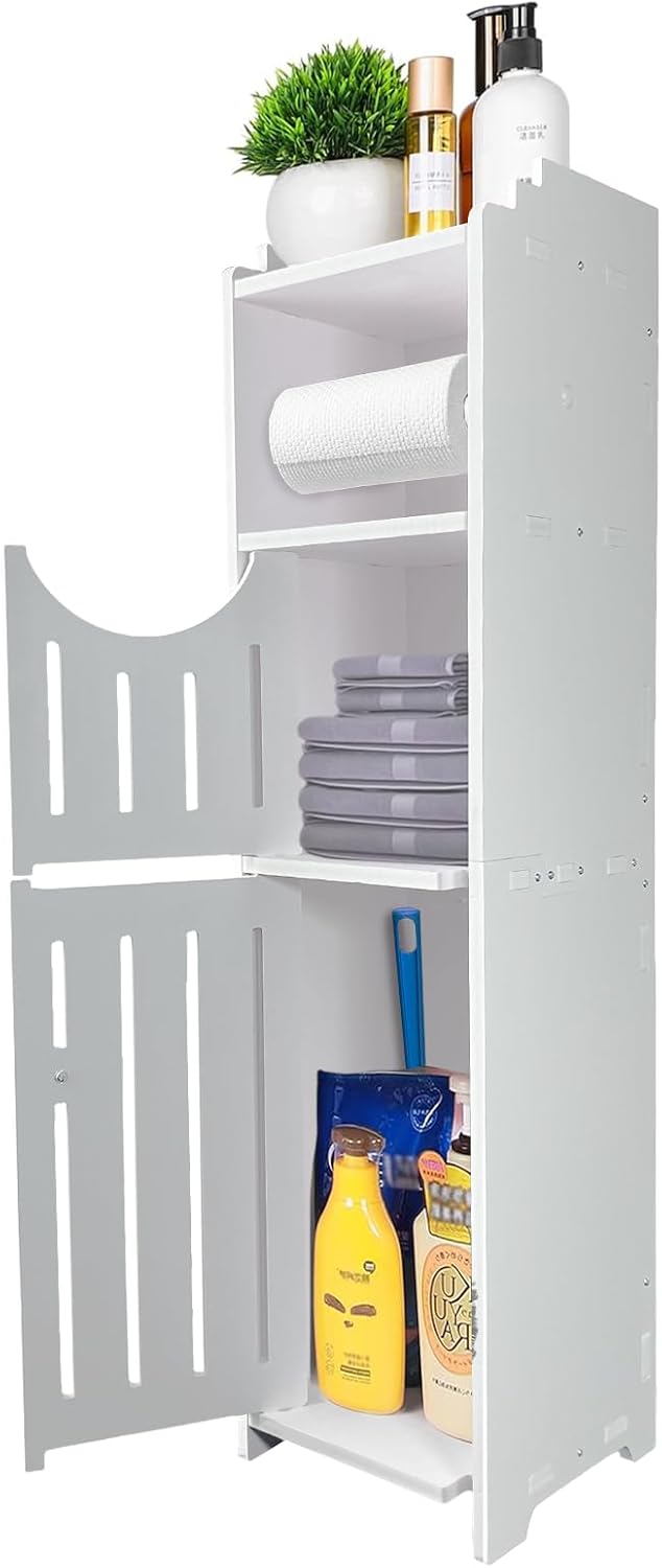 Small Bathroom Storage Cabinet with Toilet Paper Holder, Toilet Paper Cabinet, Narrow Bathroom Organizer, Slim Bathroom Storage Cabinet for Small Place, White