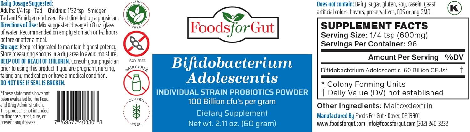 Bifidobacterium Adolescentis Probiotic Powder 100 Billion CFU, 60g Z84840