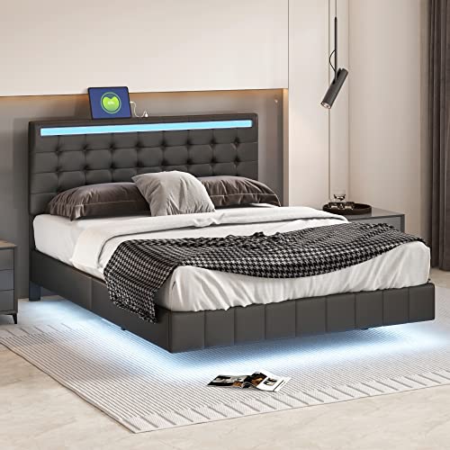 Queen Size LED Lighted Upholstered Platform Bed Frame with USB Charging, Black N957