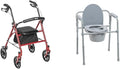 Drive Medical 10257RD-1 4 Wheel Rollator Walker with Seat, Steel Rolling Walker, Height Adjustable & 11148-1 Folding Steel Bedside Commode Chair, Portable Toilet