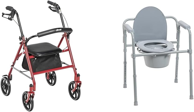 Drive Medical 10257RD-1 4 Wheel Rollator Walker with Seat, Steel Rolling Walker, Height Adjustable & 11148-1 Folding Steel Bedside Commode Chair, Portable Toilet