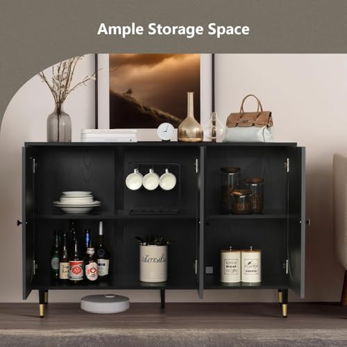 Black Rattan Buffet Cabinet 3 Doors with Storage, 47" Sideboard U11879