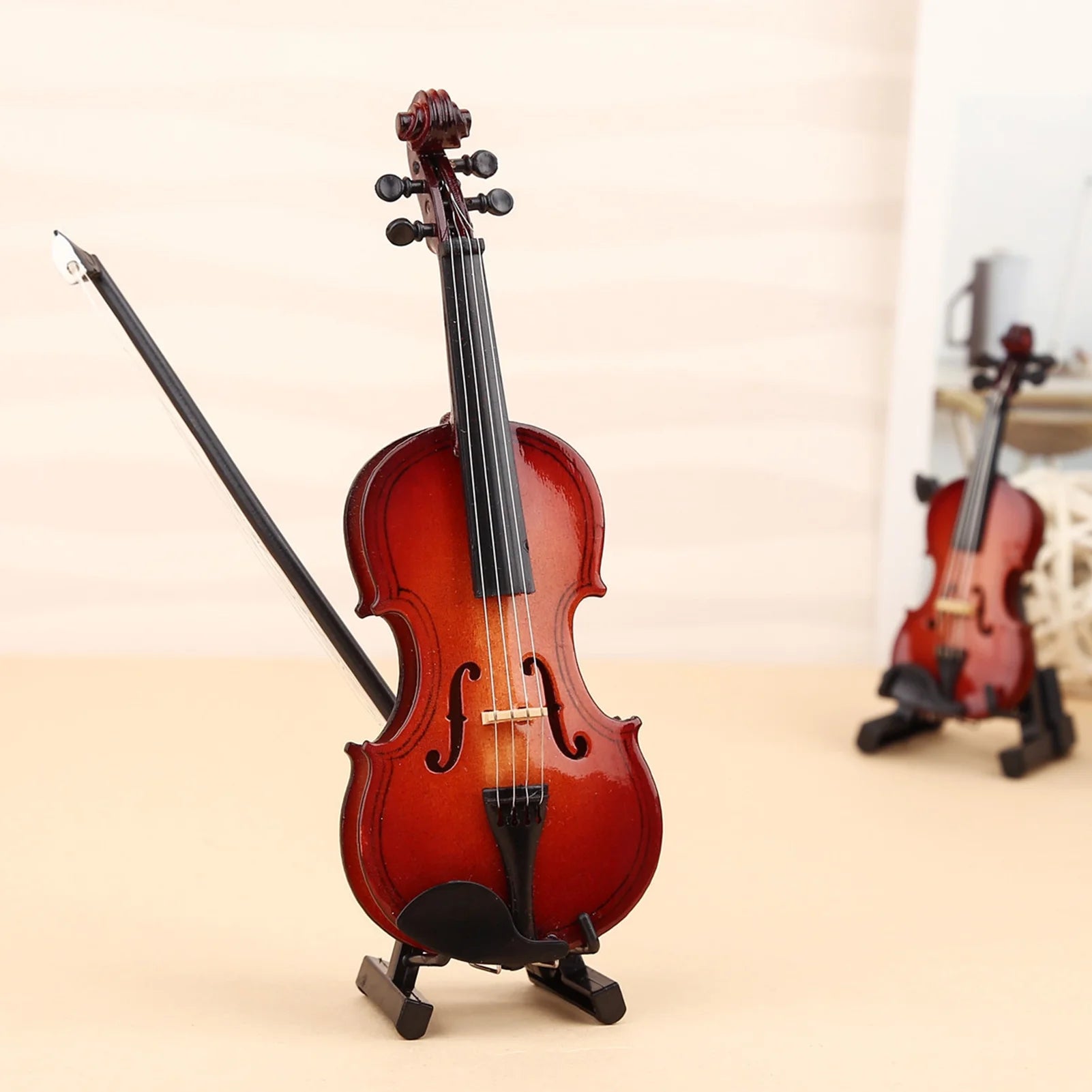 Wooden Mini Violin Model with Stand Playable Figurine T1445