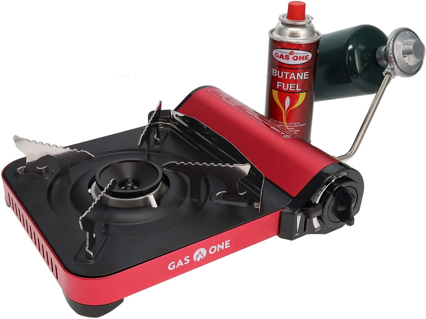 Gas One 12,000 BTU Propane or Butane Stove GS-3100P Portable Dual Fuel Camping Stove Burner - Patent Pending - with Carrying Case - Metallic Finish