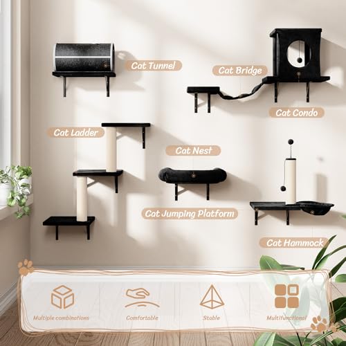 Wall Mounted Cat Climber Set with Cat House, Tunnel, Bridge and Hammock (Grey) O42346
