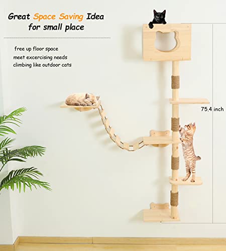 Tall Cat Tree House with Hammock Solid Wood Indoor Activity Tower O7163