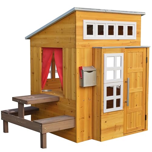 KidKraft Modern Outdoor Wooden Playhouse with Picnic Table and Grill S7361