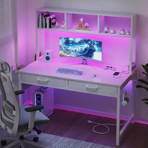 Black Gaming Desk with Hutch and Shelves, 47 Inch with LED Light and Power Outlets C685