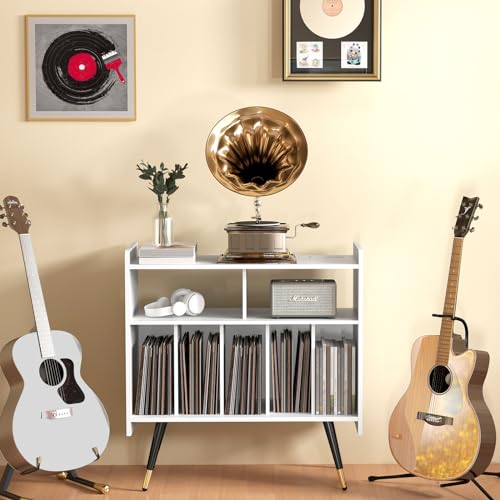 Large Record Player Stand with Power Outlet, Holds 350 Albums, Black I10987