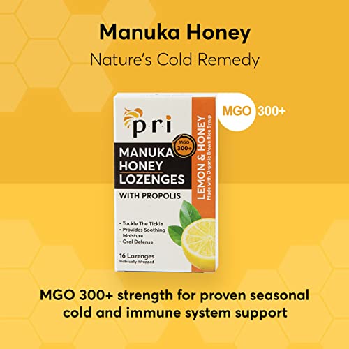 PRI Manuka Honey Lozenges with Propolis, MGO 300+, Lemon, 16 Count (2 Pack) Q1655