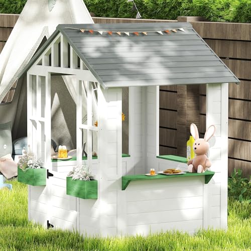 Outsunny Kids Wooden Playhouse with Working Door and Windows, White O609