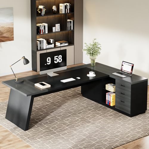 Tribesigns 78" L-Shaped Executive Desk with Drawers and File Cabinet, Walnut & Black V6249