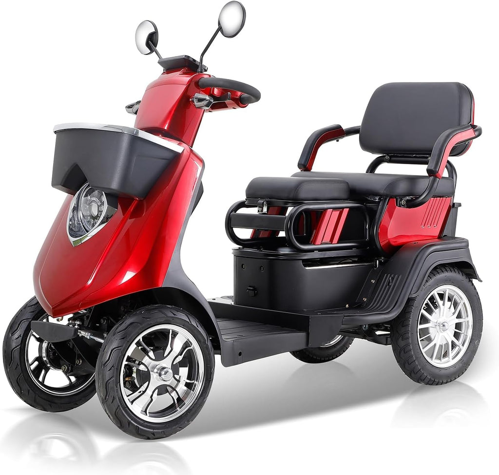 Two Seater Mobility Scooters for Seniors & Adults 500lbs Capacity - Heavy Duty Electric Powered Mobility Device - Double Seat Mobility Scooter for Travel, Elderly w/Remote Key- Red