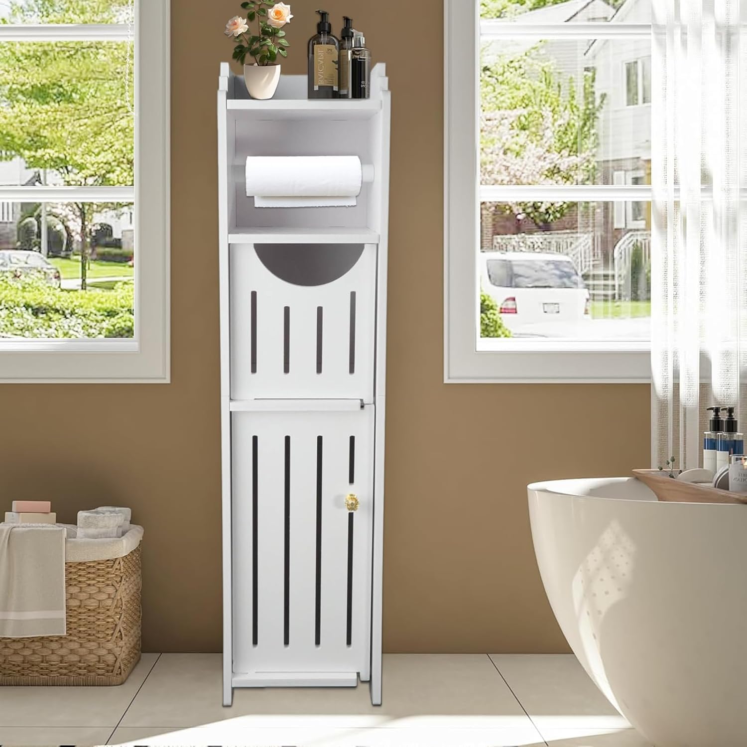 Small Bathroom Storage Cabinet with Toilet Paper Holder, White R36859