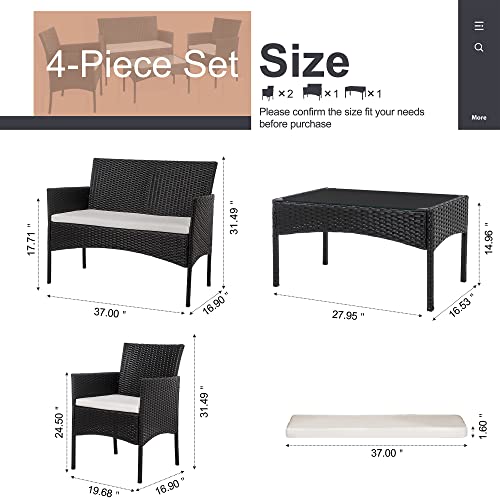 Shintenchi 4 Piece Outdoor Patio Furniture Set with Rattan Chairs and Glass Coffee Table, Black W6133