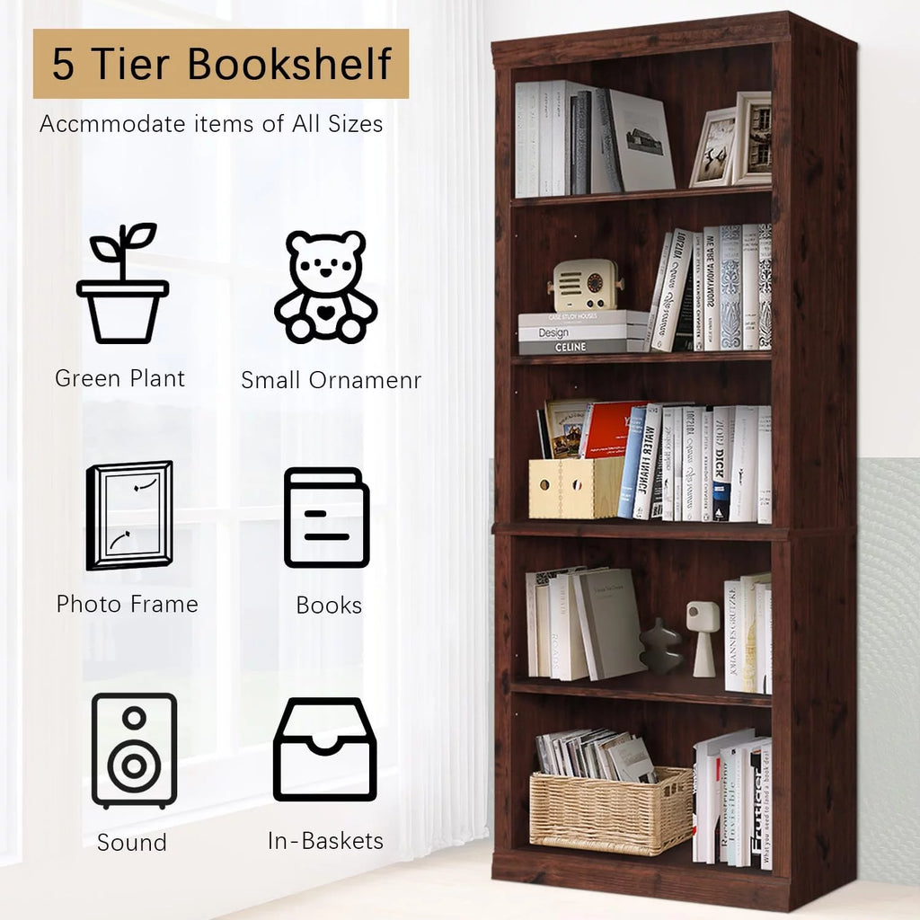 ENSTVER Wooden 5-Shelf Bookcase with Adjustable Shelves, Cherry D581
