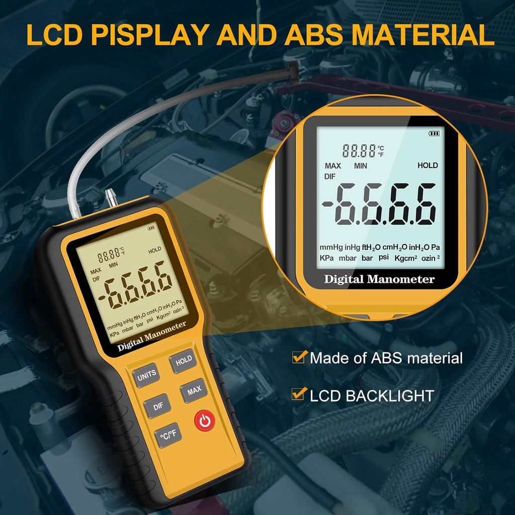 Manometer, Dual-Port HVAC Digital Air Pressure Meter Gas Tester Z185